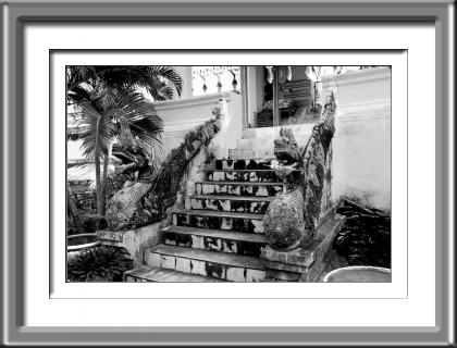 Laos, Dragon, Stairs, Black and white, Buddhist Temple