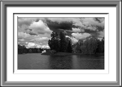 View from the Bathhouse - Peterhof landscape, church, Russia, lake